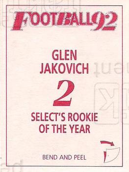 1992 Select AFL Stickers #2 Glen Jakovich Back